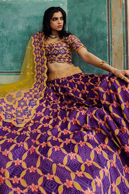 Swati Vijaivargie Purple Chanderi Silk Round Floral Motif Lehenga Set Online at Aza Fashions Swati Vijaivargie_Purple Chanderi Silk Round Floral Motif Lehenga Set _Online_at_Aza_Fashions
