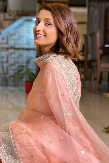 Shop Gopi Vaid Peach Dupatta Organza, Kurta Tussar Silk, Sharara Cotton Dori, Muzafar Set Online at Aza Fashions Shop_Gopi Vaid_Peach Dupatta Organza, Kurta Tussar Silk, Sharara Cotton Dori, Muzafar Set _Online_at_Aza_Fashions