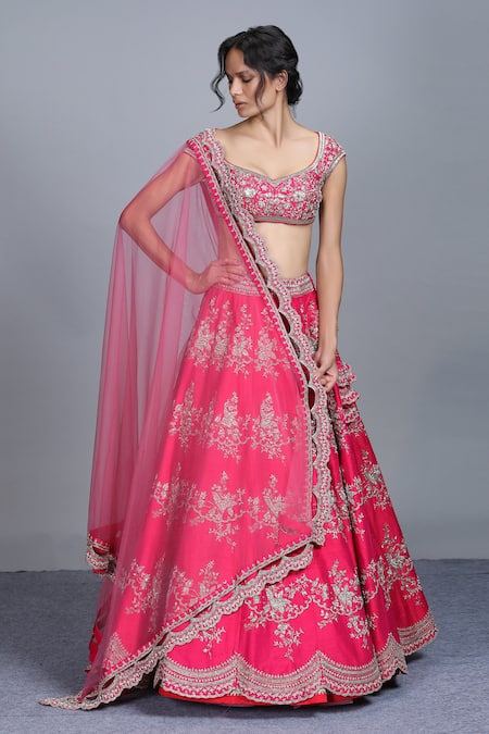 Buy Pink Net Leaf Neck Embroidered Bridal Lehenga Set For Women By ...