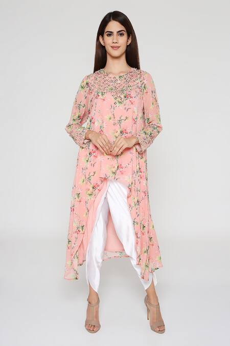 Buy Bha Sha Pink Georgette, Silk Satin Shamita Yoke Embroidered Tunic And Dhoti Pant Set Online at Aza Fashions Buy_Bha Sha_Pink Georgette, Silk Satin Shamita Yoke Embroidered Tunic And Dhoti Pant Set_Online_at_Aza_Fashions
