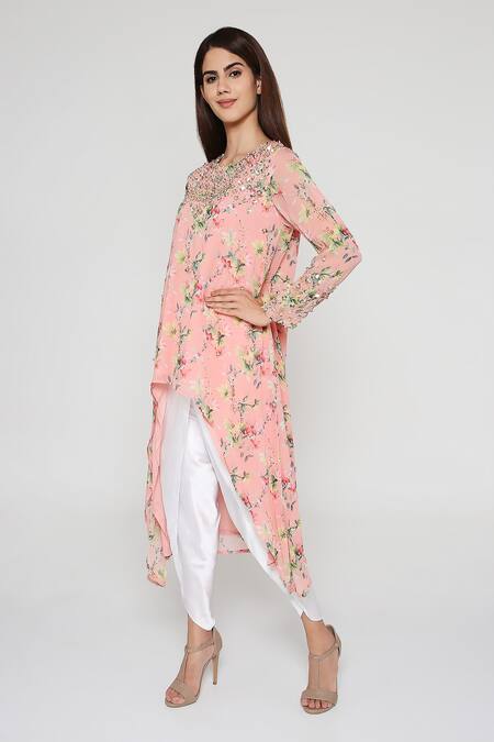 Bha Sha Pink Georgette, Silk Satin Shamita Yoke Embroidered Tunic And Dhoti Pant Set Online at Aza Fashions Bha Sha_Pink Georgette, Silk Satin Shamita Yoke Embroidered Tunic And Dhoti Pant Set_Online_at_Aza_Fashions