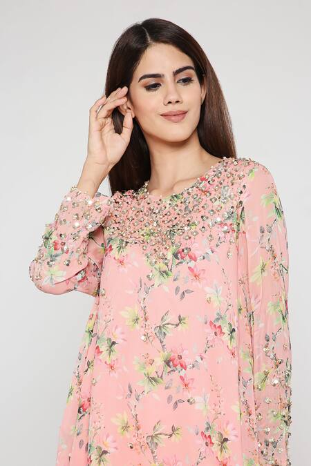 Shop Bha Sha Pink Georgette, Silk Satin Shamita Yoke Embroidered Tunic And Dhoti Pant Set Online at Aza Fashions Shop_Bha Sha_Pink Georgette, Silk Satin Shamita Yoke Embroidered Tunic And Dhoti Pant Set_Online_at_Aza_Fashions