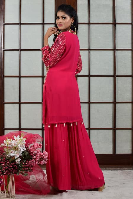 Seams Pret And Couture_Pink Georgette Embroidery Sequin Round Kurta Sharara Set _Online_at_Aza_Fashions