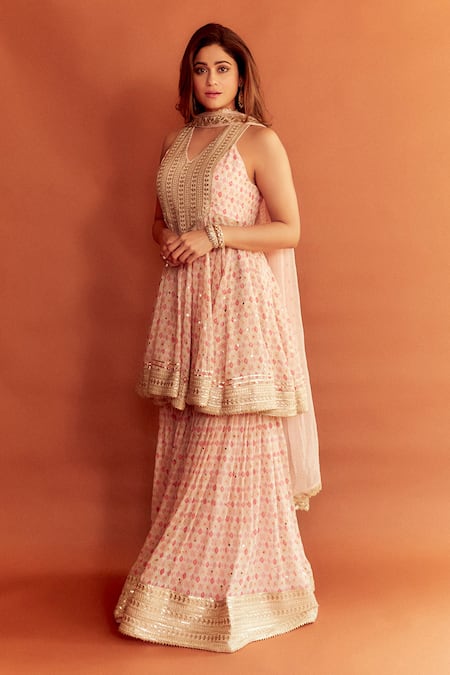 Gopi Vaid Pink Georgette And Chiffon Print & Embroidery Geometric Peplum Kurta Gharara Set 