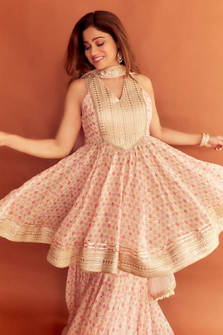 Shop_Gopi Vaid_Pink Georgette And Chiffon Geometric Print & Gota Patti V Peplum Kurta Gharara Set _at_Aza_Fashions