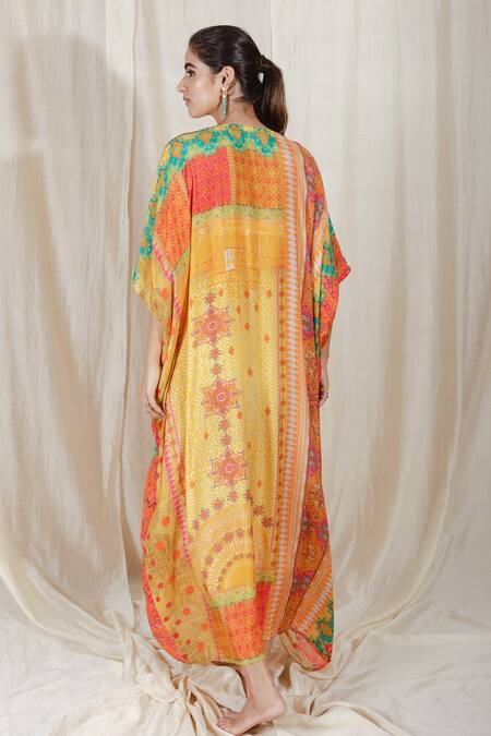Shop The Boozy Button Multi Color Moroccan Silk Digital Print V Neck Shape Of You Kaftan at Aza Fashions Shop_The Boozy Button_Multi Color Moroccan Silk Digital Print V Neck Shape Of You Kaftan_at_Aza_Fashions