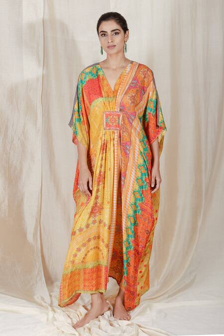 The Boozy Button Multi Color Moroccan Silk Digital Print V Neck Shape Of You Kaftan Online at Aza Fashions The Boozy Button_Multi Color Moroccan Silk Digital Print V Neck Shape Of You Kaftan_Online_at_Aza_Fashions