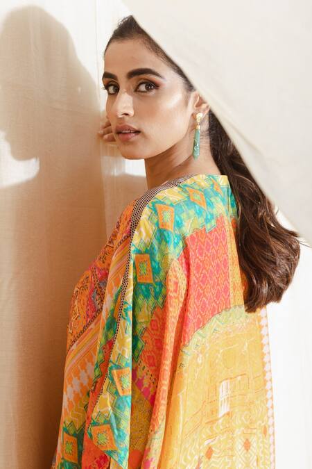 The Boozy Button Multi Color Moroccan Silk Digital Print V Neck Shape Of You Kaftan at Aza Fashions The Boozy Button_Multi Color Moroccan Silk Digital Print V Neck Shape Of You Kaftan_at_Aza_Fashions