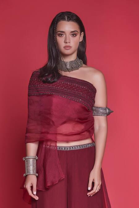 Jade By Monica & Karishma_Red Organza Asymmetric One Shoulder Top And Pant Set  _Online_at_Aza_Fashions