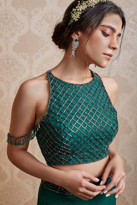 Soha By Harleen And Sona_Green Top Net And  Palazzos Glass & Isla Crop & Set_Online_at_Aza_Fashions