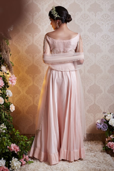 Shop Soha By Harleen And Sona Pink Blouse Organza, Lehenga Silk And Dupatta Net Glass Beads, Aniyah Set at Aza Fashions Shop_Soha By Harleen And Sona_Pink Blouse Organza, Lehenga Silk And Dupatta Net Glass Beads, Aniyah Set_at_Aza_Fashions