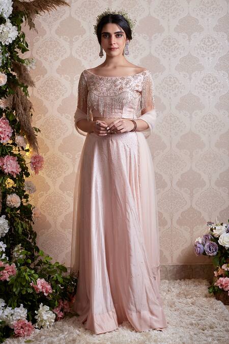 Soha By Harleen And Sona Pink Blouse Organza, Lehenga Silk And Dupatta Net Glass Beads, Aniyah Set Online at Aza Fashions Soha By Harleen And Sona_Pink Blouse Organza, Lehenga Silk And Dupatta Net Glass Beads, Aniyah Set_Online_at_Aza_Fashions
