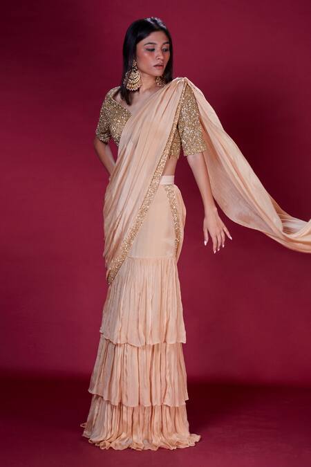 Soha By Harleen And Sona Gold Blouse Bamberg Silk And Saree Chinnon Chiffon Sequin Eira Pre-draped With Online at Aza Fashions Soha By Harleen And Sona_Gold Blouse Bamberg Silk And Saree Chinnon Chiffon Sequin Eira Pre-draped With _Online_at_Aza_Fashions