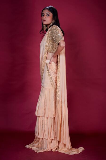 Buy Soha By Harleen And Sona Gold Blouse Bamberg Silk And Saree Chinnon Chiffon Sequin Eira Pre-draped With Online at Aza Fashions Buy_Soha By Harleen And Sona_Gold Blouse Bamberg Silk And Saree Chinnon Chiffon Sequin Eira Pre-draped With _Online_at_Aza_Fashions