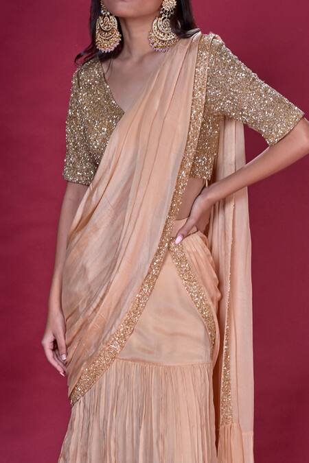 Shop Soha By Harleen And Sona Gold Blouse Bamberg Silk And Saree Chinnon Chiffon Sequin Eira Pre-draped With Online at Aza Fashions Shop_Soha By Harleen And Sona_Gold Blouse Bamberg Silk And Saree Chinnon Chiffon Sequin Eira Pre-draped With _Online_at_Aza_Fashions