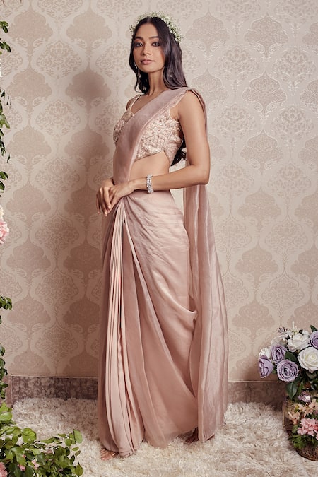 Soha By Harleen And Sona Pink Resham, Sequins, Cutdana And Bugle Beads Freya Pre-stitched Saree With Blouse Online at Aza Fashions Soha By Harleen And Sona_Pink Resham, Sequins, Cutdana And Bugle Beads Freya Pre-stitched Saree With Blouse _Online_at_Aza_Fashions