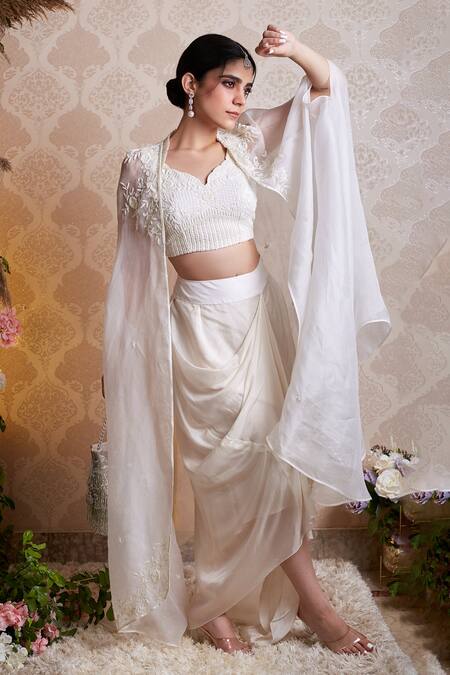 Buy_Soha By Harleen And Sona_Off White Cape Pure Organza Bustier Silk And Dhoti Skirt Satin Ania & Set_Online_at_Aza_Fashions