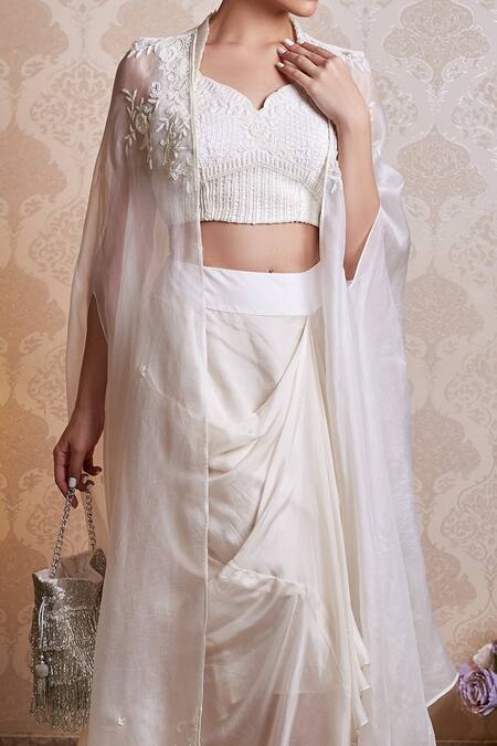 Shop_Soha By Harleen And Sona_Off White Cape Pure Organza Bustier Silk And Dhoti Skirt Satin Ania & Set_Online_at_Aza_Fashions