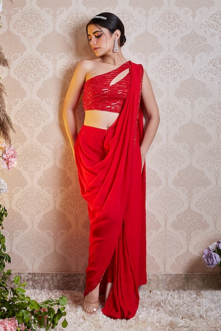 Soha by Harleen and Sona Kai Pre-Draped Saree With One Shoulder Blouse 