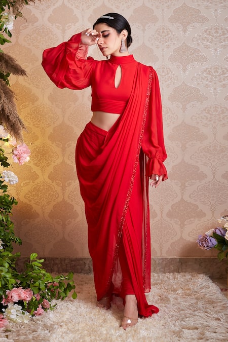 Buy Red Saree And Blouse-butterfly Net Embroidered Floral With Blouse For  Women by Aariyana Couture Online at Aza Fashions.