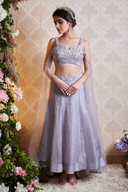 Soha by Harleen and Sona Grey Embroidery Sequins Sweetheart Neck Zaina Blouse And Lehenga Set  