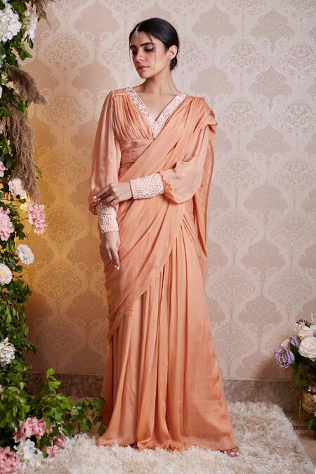 Soha By Harleen And Sona_Peach Chinnon Chiffon Pearl And Sequin V Neck Noor Pre-draped Saree With Blouse _Online_at_Aza_Fashions