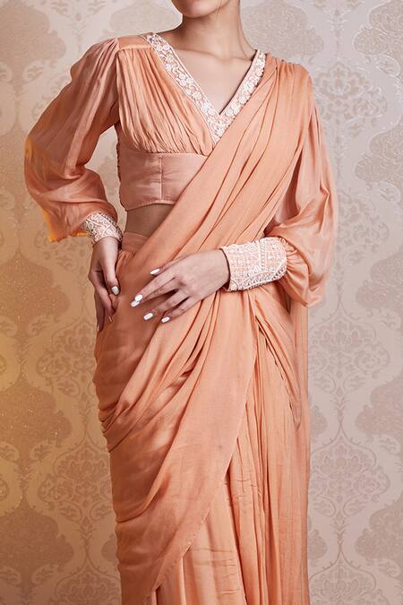 Buy_Soha By Harleen And Sona_Peach Chinnon Chiffon Pearl And Sequin V Neck Noor Pre-draped Saree With Blouse _Online_at_Aza_Fashions