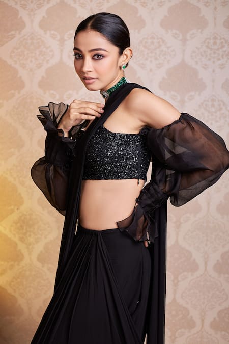 Soha By Harleen And Sona_Black Blouse Satin And Pure Organza & Saree Georgette Amaia Pre-draped With _Online_at_Aza_Fashions