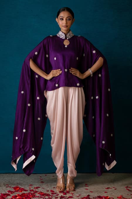 Soha by Harleen and Sona Purple Cape Bamberg Silk And Dhoti Satin Embroidery Zardozi & Aisha & Pant Set 