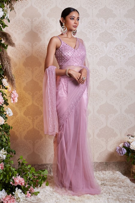 Soha By Harleen And Sona_Purple Net And Satin Sequin, Crystals & Glass Keira Pre-draped Saree With Blouse _Online_at_Aza_Fashions