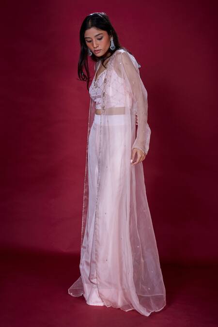 Soha By Harleen And Sona_Pink Jacket Pure Organza Blouse And Palazzo Silk Sequin, Maia Sheer & Set _Online_at_Aza_Fashions