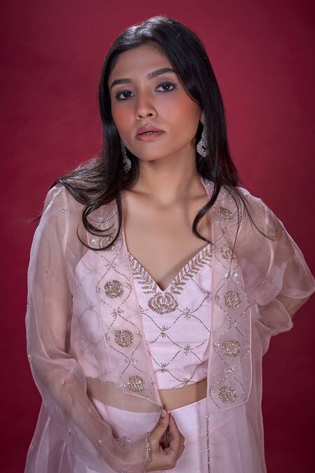 Buy_Soha By Harleen And Sona_Pink Jacket Pure Organza Blouse And Palazzo Silk Sequin, Maia Sheer & Set _Online_at_Aza_Fashions