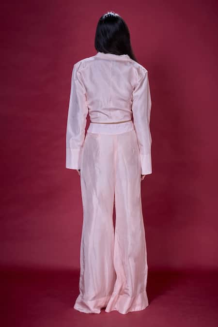 Shop_Soha By Harleen And Sona_Pink Notched Lapel Amora Cropped Blazer And Palazzo Set _at_Aza_Fashions
