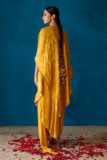 Shop_Soha By Harleen And Sona_Yellow Draped Dress Chinnon Chiffon And Cape Tissue Embroidery Aari Aliza With _at_Aza_Fashions