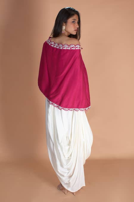 Shop_Soha By Harleen And Sona_Magenta Bamberg Silk Embroidery Zardozi One Eva Short Cape And Dhoti Skirt Set _at_Aza_Fashions