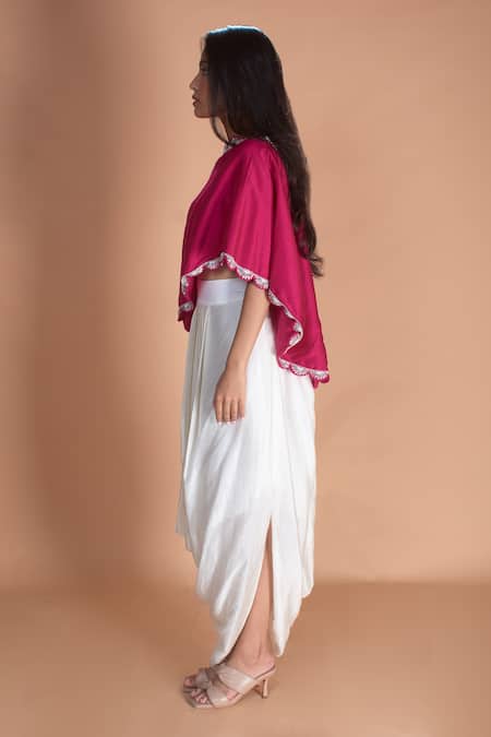 Soha By Harleen And Sona_Magenta Bamberg Silk Embroidery Zardozi One Eva Short Cape And Dhoti Skirt Set _Online_at_Aza_Fashions