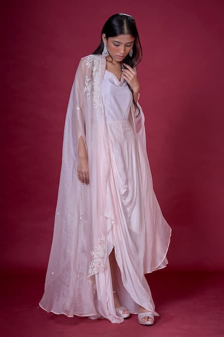 Soha By Harleen And Sona_Pink Draped Gown Chinnon Chiffon And Cape Pure Organza Zayla With  _Online_at_Aza_Fashions