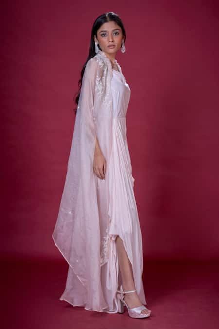 Buy_Soha By Harleen And Sona_Pink Draped Gown Chinnon Chiffon And Cape Pure Organza Zayla With  _Online_at_Aza_Fashions