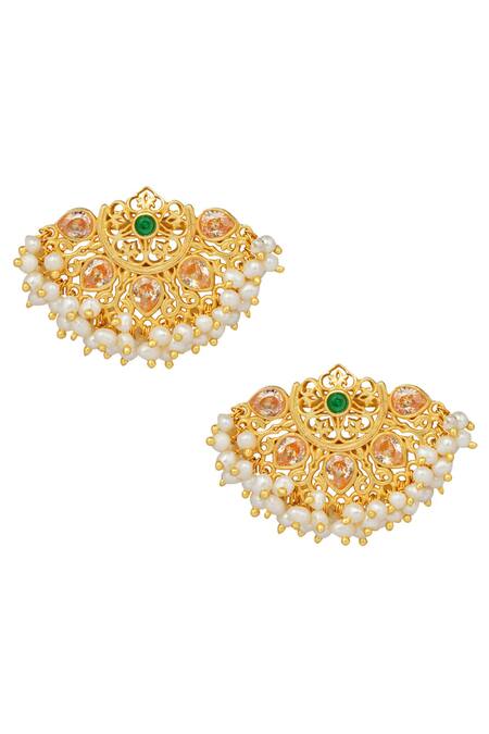 Shop ZARIIN Gold Plated Pearls, Crystals Azra Stud Earrings at Aza Fashions Shop_ZARIIN_Gold Plated Pearls, Crystals Azra Stud Earrings_at_Aza_Fashions