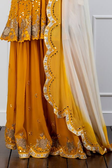 Shian_Yellow Georgette Mirror Work U Neck Embroidered Sharara Set _Online_at_Aza_Fashions