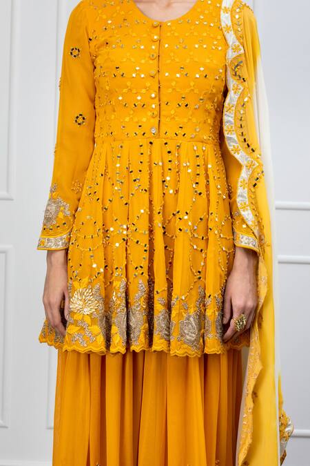 Buy_Shian_Yellow Georgette Mirror Work U Neck Embroidered Sharara Set _Online_at_Aza_Fashions