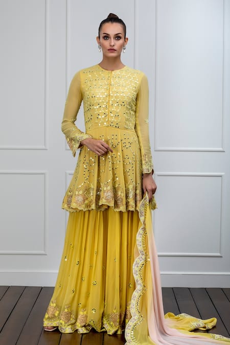 Shian_Yellow Georgette Mirror Work Round Embroidered Kurta Sharara Set _Online_at_Aza_Fashions