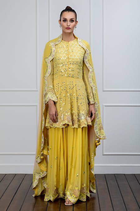 Buy_Shian_Yellow Georgette Mirror Work Round Embroidered Kurta Sharara Set _Online_at_Aza_Fashions