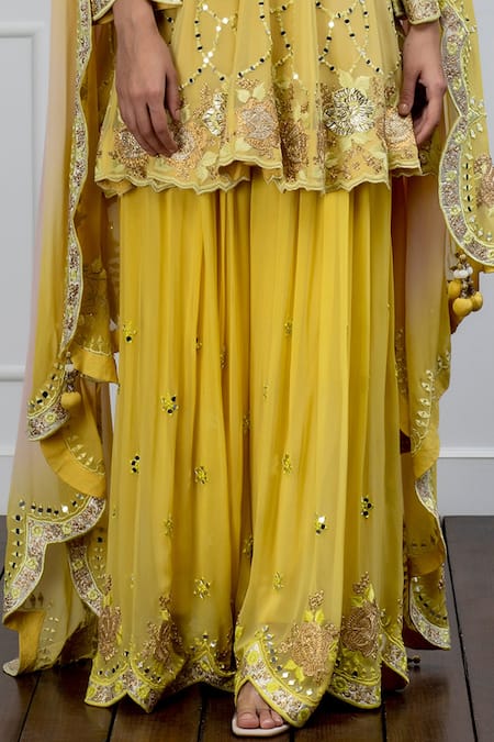 Shop_Shian_Yellow Georgette Mirror Work Round Embroidered Kurta Sharara Set _Online_at_Aza_Fashions