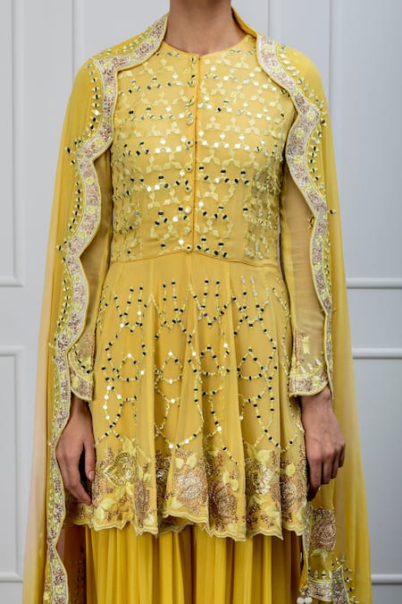 Shian_Yellow Georgette Mirror Work Round Embroidered Kurta Sharara Set _at_Aza_Fashions