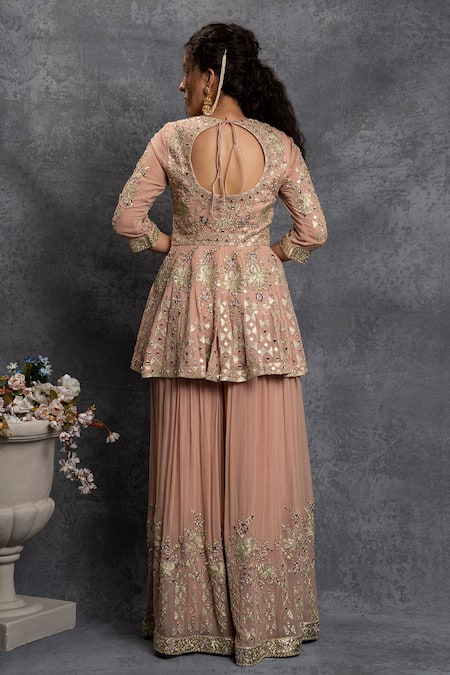 Shop Shian Peach Georgette Zardozi Round Dori Embroidered Peplum And Sharara Set at Aza Fashions Shop_Shian_Peach Georgette Zardozi Round Dori Embroidered Peplum And Sharara Set _at_Aza_Fashions