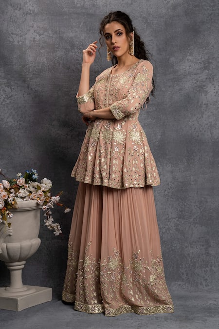Shian Peach Georgette Zardozi Round Dori Embroidered Peplum And Sharara Set Online at Aza Fashions Shian_Peach Georgette Zardozi Round Dori Embroidered Peplum And Sharara Set _Online_at_Aza_Fashions