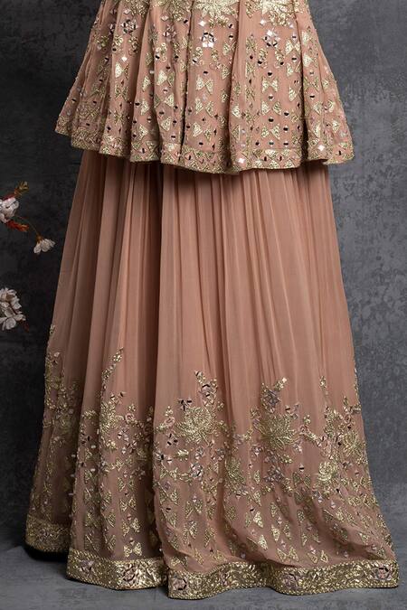 Buy Shian Peach Georgette Zardozi Round Dori Embroidered Peplum And Sharara Set Online at Aza Fashions Buy_Shian_Peach Georgette Zardozi Round Dori Embroidered Peplum And Sharara Set _Online_at_Aza_Fashions