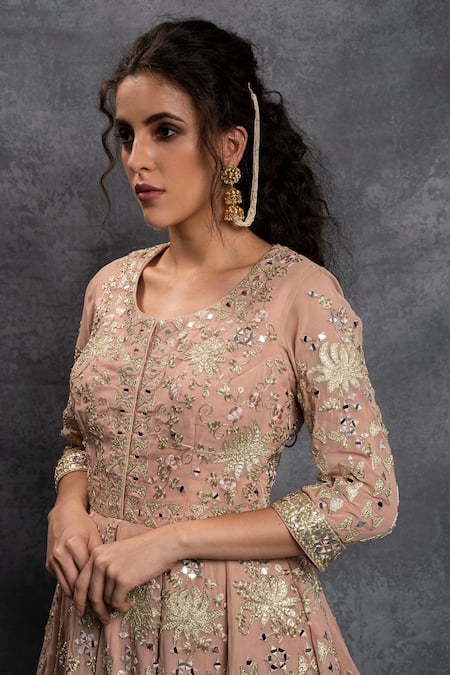 Shop Shian Peach Georgette Zardozi Round Dori Embroidered Peplum And Sharara Set Online at Aza Fashions Shop_Shian_Peach Georgette Zardozi Round Dori Embroidered Peplum And Sharara Set _Online_at_Aza_Fashions