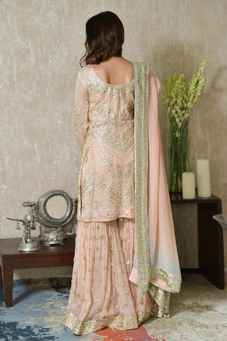 Shop_Shian_Peach Georgette Gota Notched Embroidered Sharara Set _at_Aza_Fashions